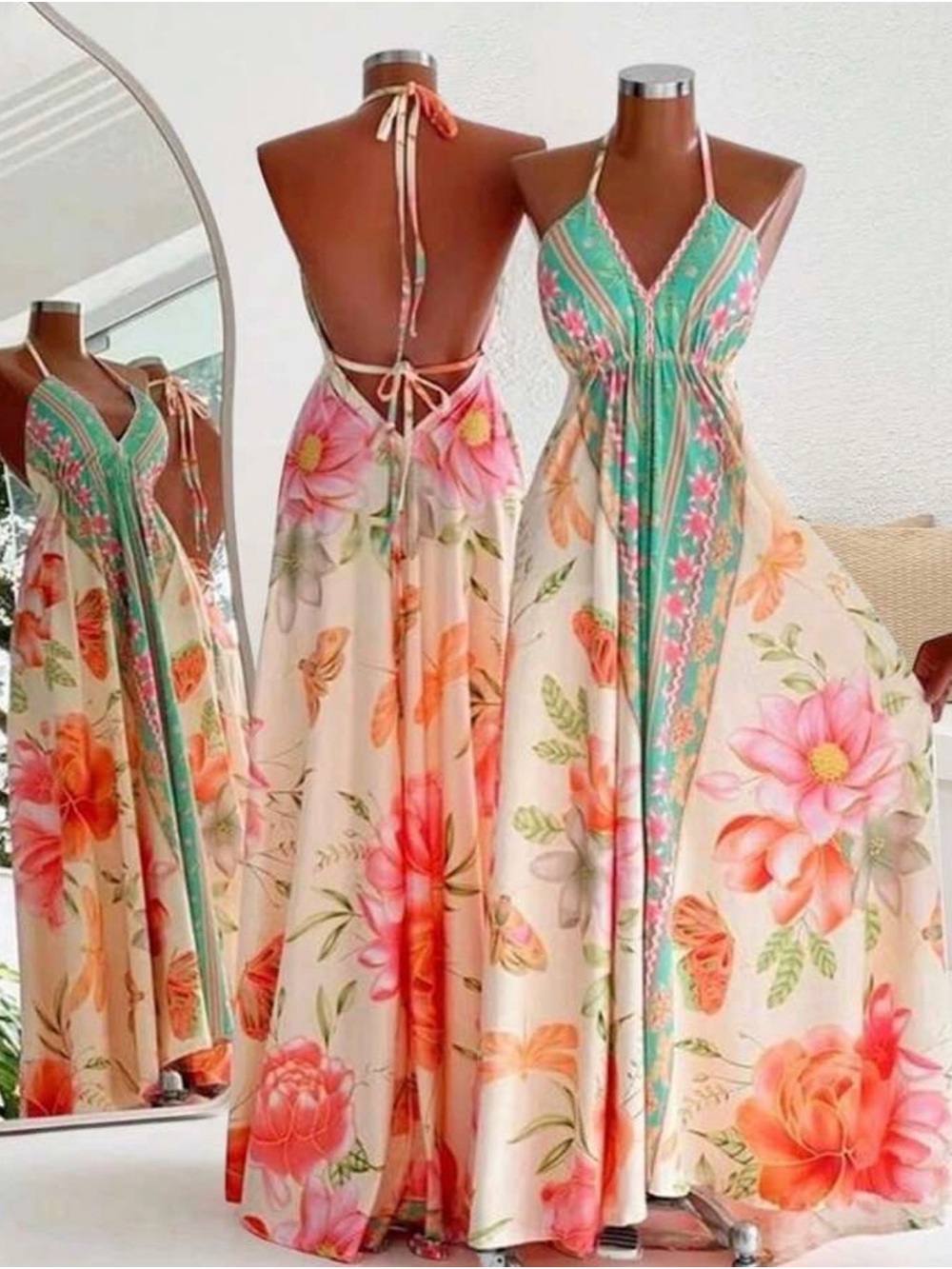 Floral Halter Maxi Dress in Cream and Coral with Teal Accents